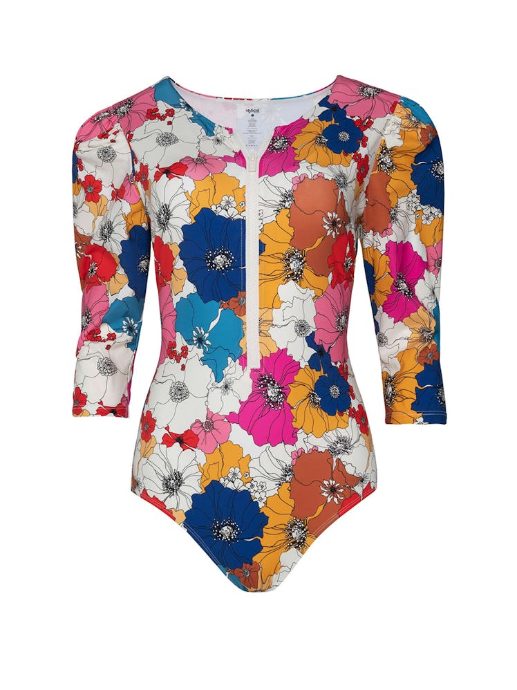 Floral sculpting Puff Sleeve Zip shapewear swimsuit from STYLEST.
