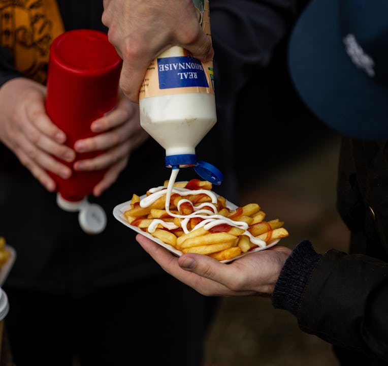 Fan squirts condiments onto fries.