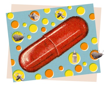 An illustration of a red pill on a polkadot background with baby bottles and toys
