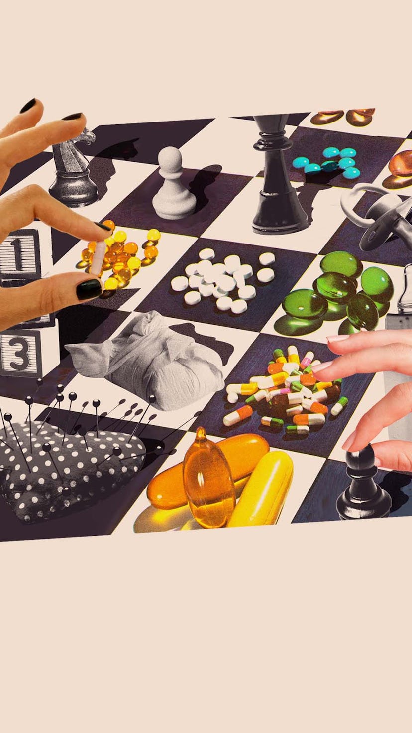A chess board with chess pieces, a pacifier and baby toys in black and white, with colorful medicati...