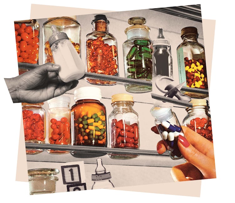 Two hands holding pill bottles in front of a wall with shelves of large glass bottles full of pills