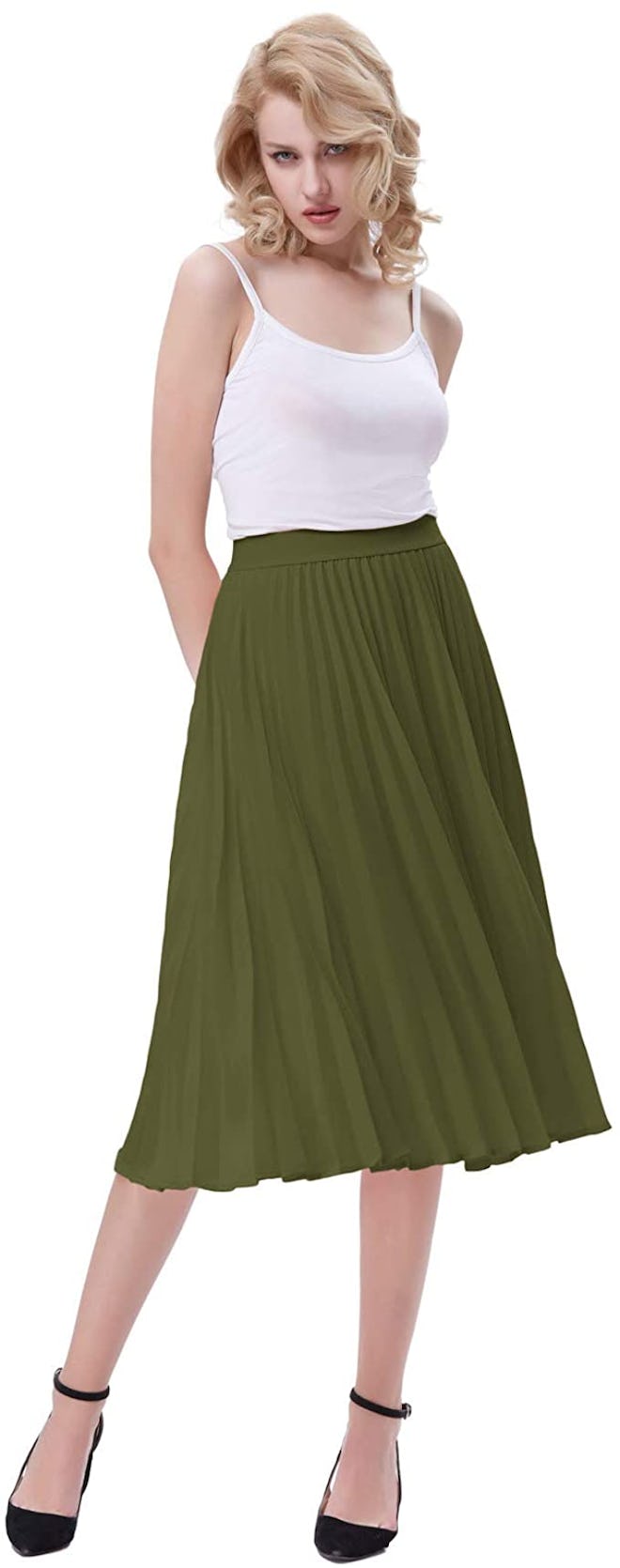 Kate Kasin High Waist Pleated A-Line Skirt