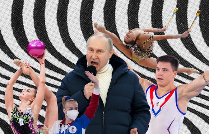 A collage of Vladimir Putin talking with a microphone and various Russian athletes