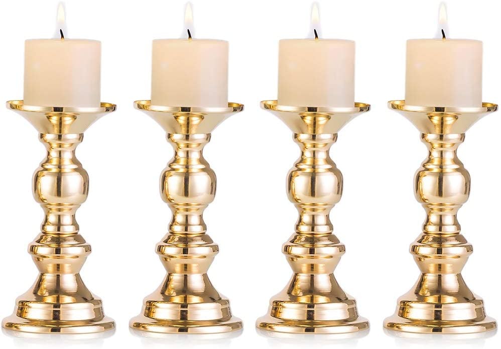 NUPTIO  Gold Metal Pillar Candle Holders (Set of 4)