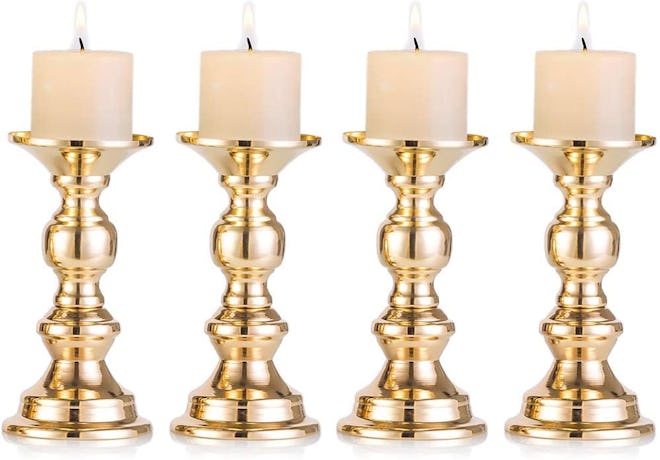 NUPTIO  Gold Metal Pillar Candle Holders (Set of 4)