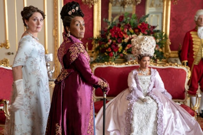 Golda Rosheuval as Queen Charlotte, Adjoa Andoh as Lady Danbury and Ruth Gemmell as Lady Violet Brid...