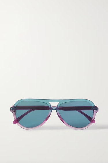 2022 sunglasses trends jewel tone ombré acetate aviator frames with turquoise lenses