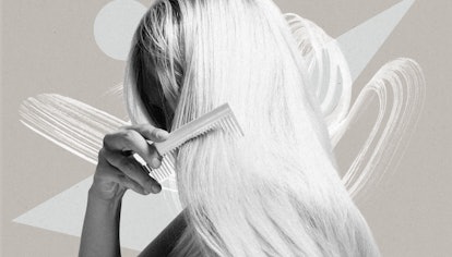 A blonde woman having hair loss from COVID combing her hair