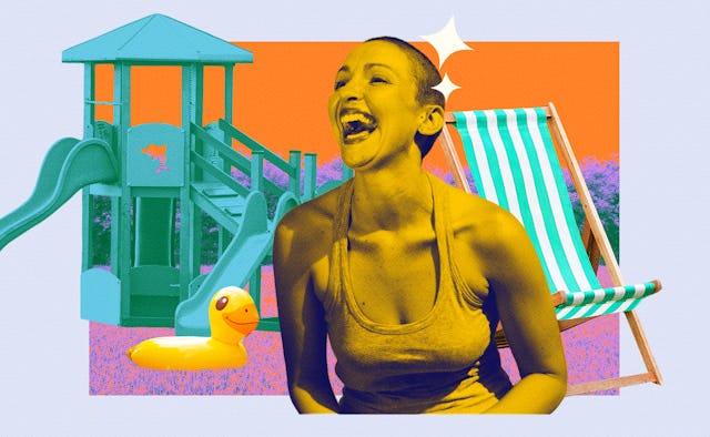 A collage of a short-haired with an orange color filter woman smiling and a playground in the backgr...