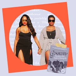 Two women holding hands in front of a book cover of Grown: The Black Girl's Guide to Glowing Up 