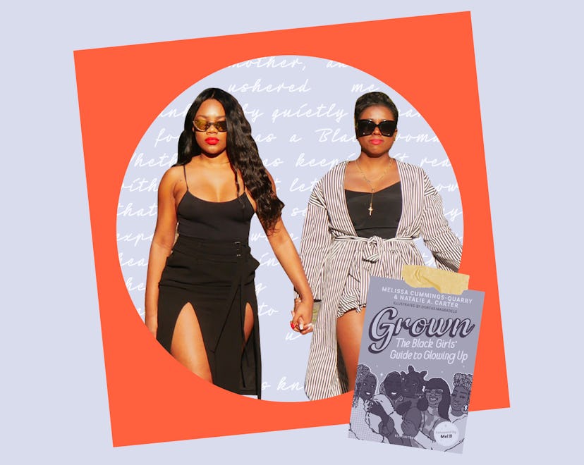 Two women holding hands in front of a book cover of Grown: The Black Girl's Guide to Glowing Up