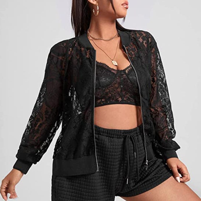 Floerns Sheer Floral Lace Baseball Jacket