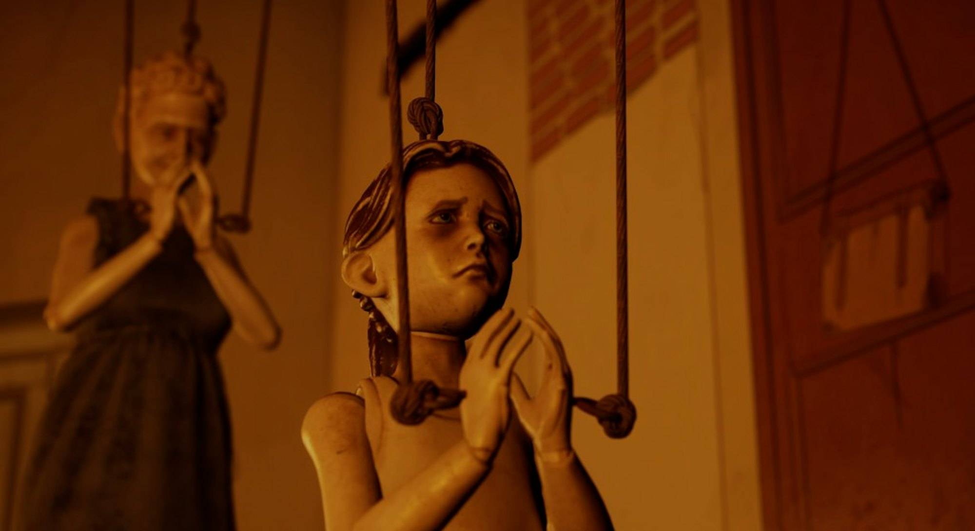 A sepia-colored still image from the game Martha is Dead showing two marionette dolls in the prayer ...