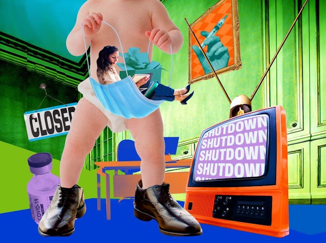 A naked baby wearing male boots and carrying a woman sitting in a mask in front of the TV representi...