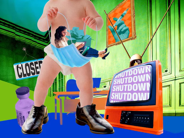 A naked baby wearing male boots and carrying a woman sitting in a mask in front of the TV representi...