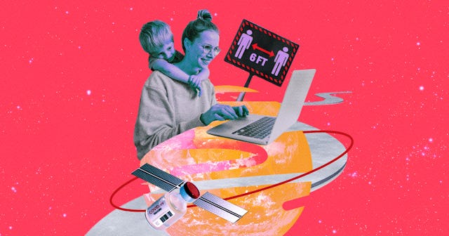 A collage representing a working mom, her child and changes taking place because of pandemic