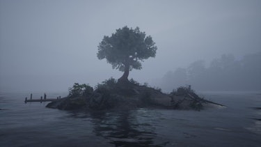 A view of a small island with a single tree in the middle of a dark, foggy lake