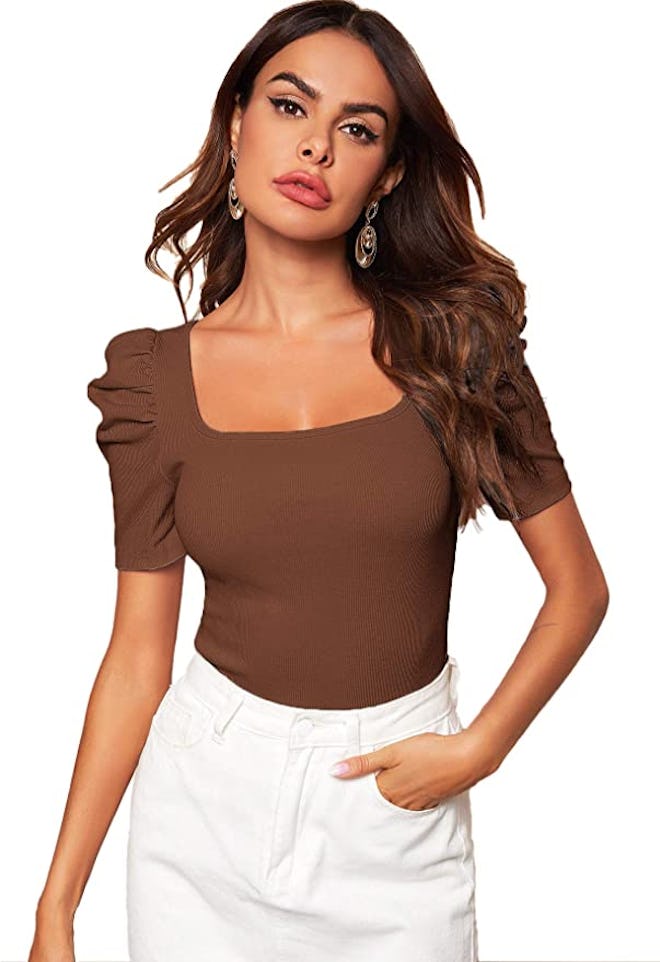 WDIRARA Puff Sleeve Square Neck Short Sleeve Top