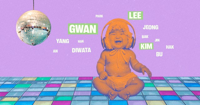 Korean baby laughing while wearing head phones on the dance floor with korean last names circling ar...
