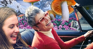 A mom telling a funny joke to her daughter while driving in a convertible 