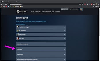 Find “Purchases” in the Steam Support menu.