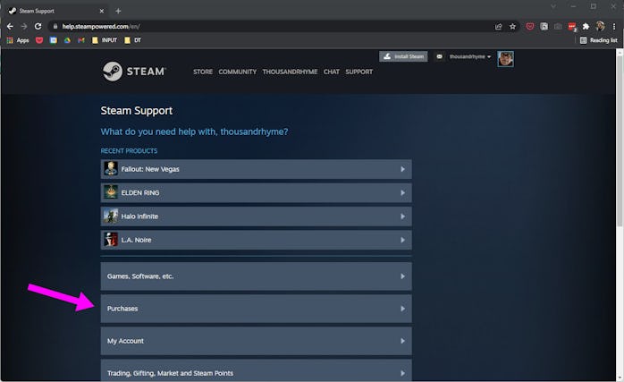 Find “Purchases” in the Steam Support menu.