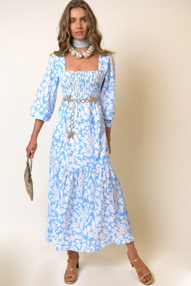 Yas Blue Palm Shirred Midaxi Dress