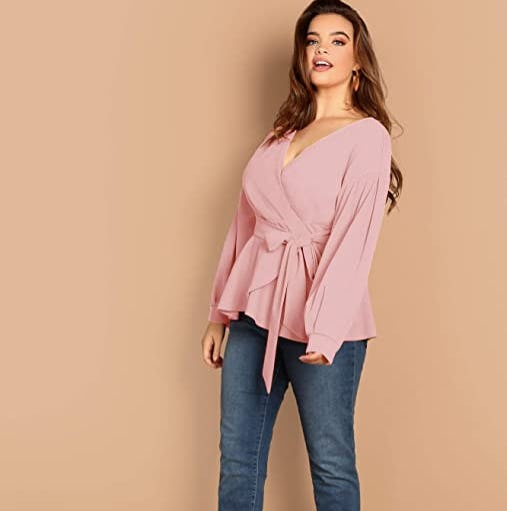 Romwe Plus-Size Tie-Belt Wrap Blouse