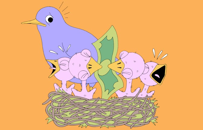 A mother bird and four baby birds in a nest; two of the baby birds are holding on two sides of a dol...