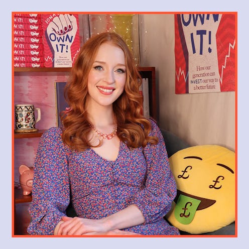 Iona Bain standing in front of her book Own it and next to an emoji with pound signs on his eyes and...