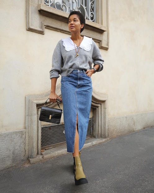Tamu McPherson in a denim skirt