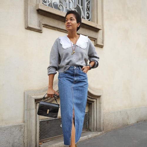 Tamu McPherson in a denim skirt