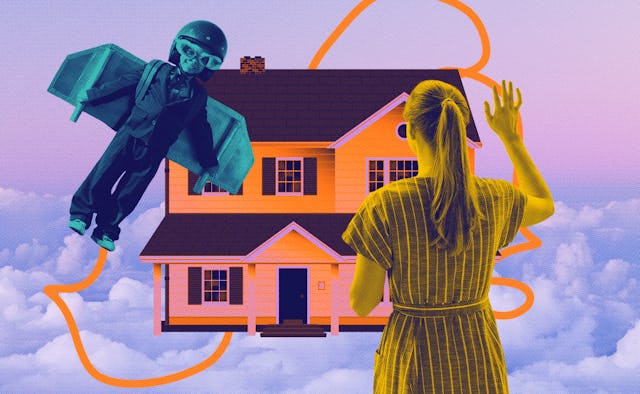 An illustration of a son and a daughter leaving a house where their mother lives