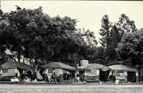 American flags are placed on every tent at a homeless encampment for veterans on San Vicente Bouleva...