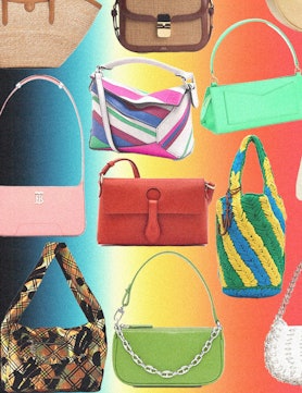 a collage of multicolored purses against a rainbow background