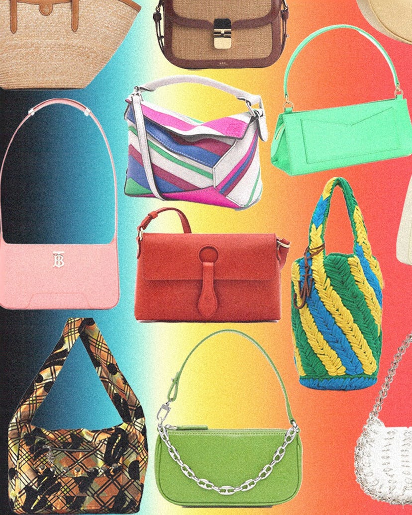 a collage of multicolored purses against a rainbow background