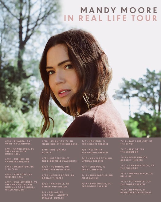 A photo listing all the dates and cities on Mandy Moore's 2022 'In Real Life' tour.