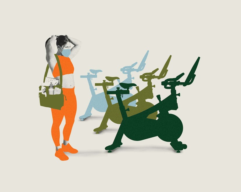 Illustration of a woman in leggings near stationary bicycles, carrying a diaper bag