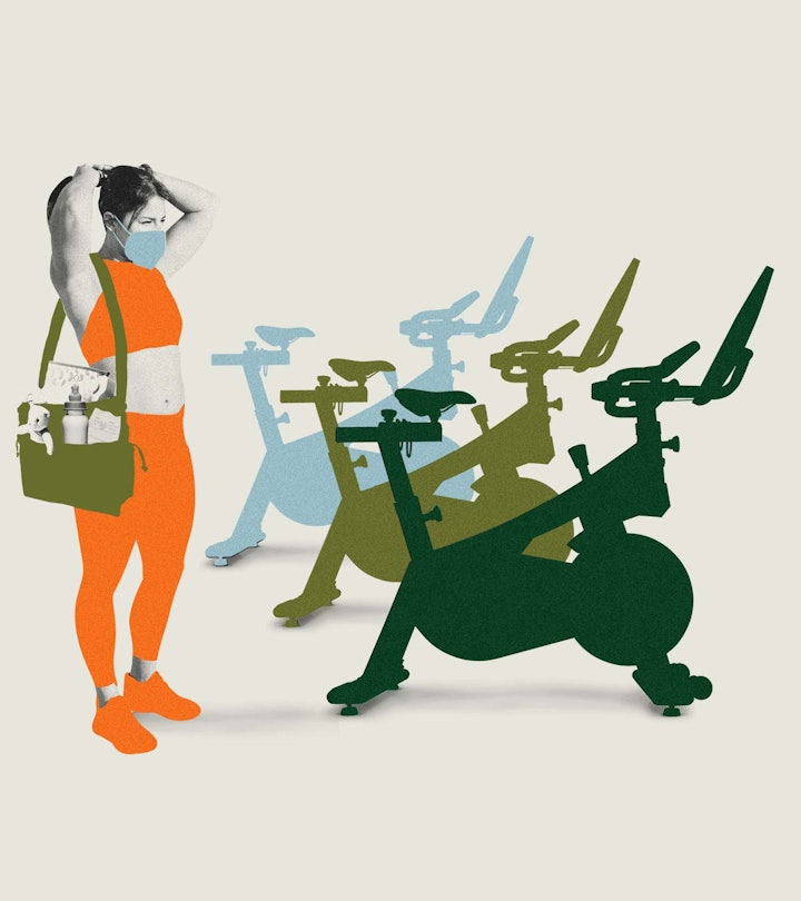 Illustration of a woman in leggings near stationary bicycles, carrying a diaper bag