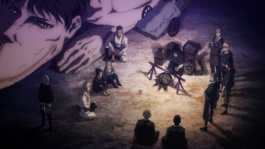 Several characters from Attack on Titan Season 4 part 2 gathered around a fire