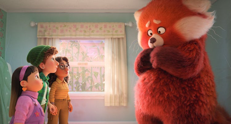 Meilin as a giant red panda, with her friends looking on in horror