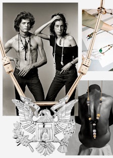 A collage of  Robert Mapplethorpe's photographs along with pieces of jewelry 