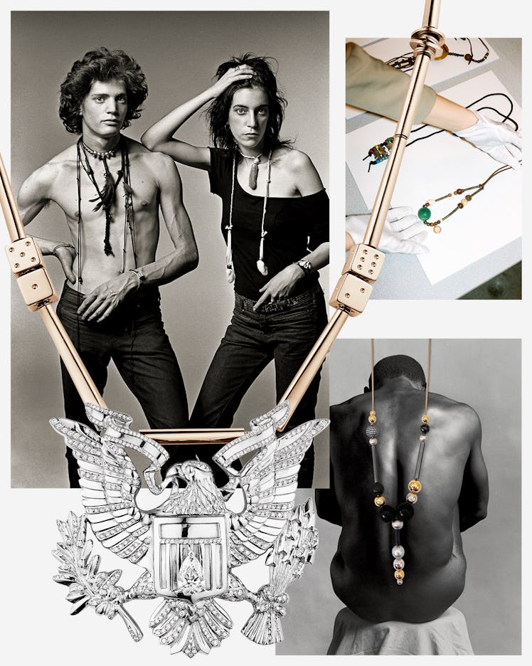 A collage of Robert Mapplethorpe's photographs along with pieces of jewelry