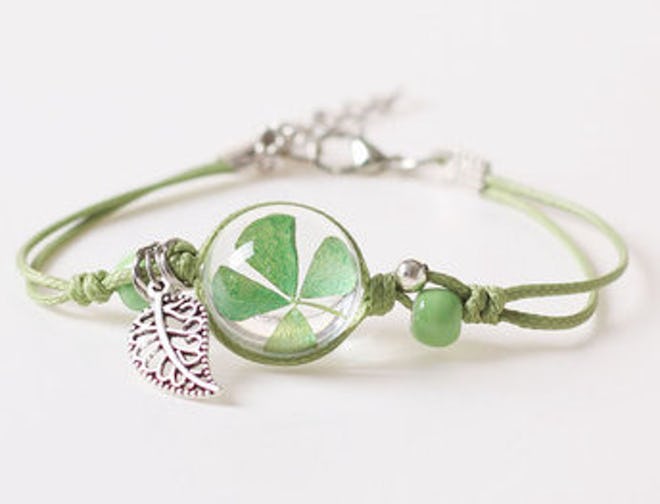 This pressed clover bracelet is a beautiful St. Patrick's Day gift. 