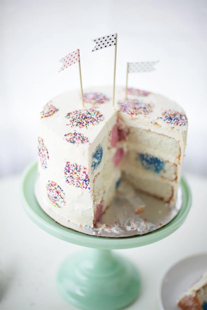 A polka dot sprinkle cake is a good idea for a birthday cake.