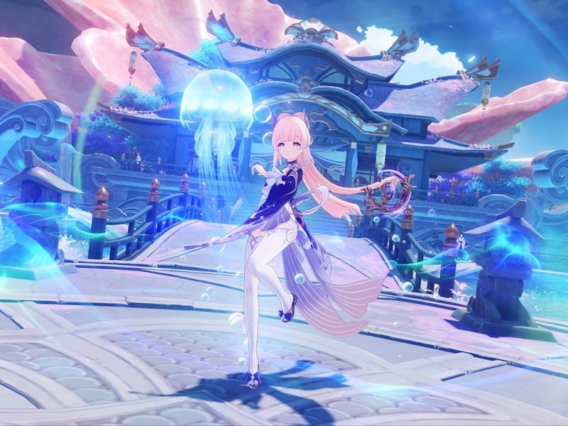 Genshin Impact Kokomi in front of the Watatsumi shrine