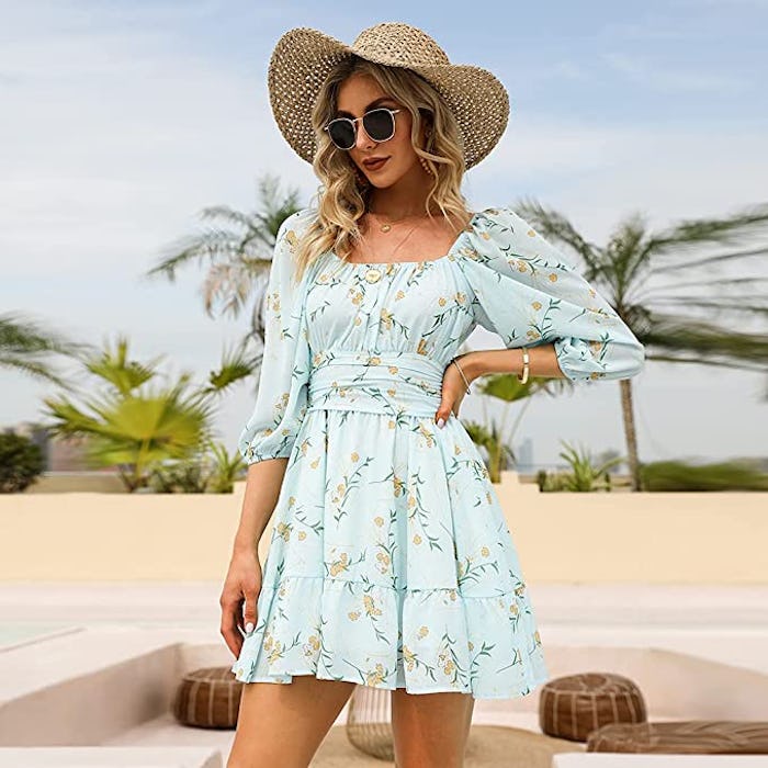 EXLURA Lantern Sleeve Tie Back Dress