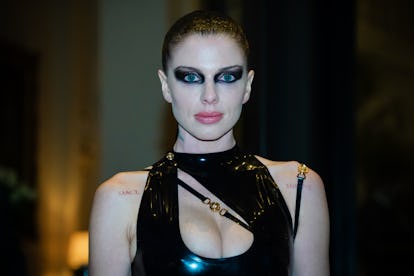 Julia Fox in Versace with black eyeliner.