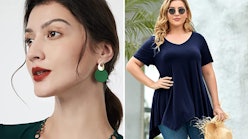 A collage of a woman in the LARACE Women Casual T Shirt and another wearing the VIENNOIS Round Curve...