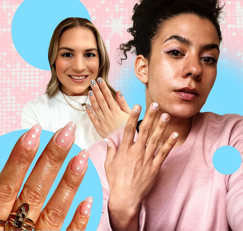 Elite Daily editors Collette Reitz and Amber Rambharose wearing ManiMe's 'Euphoria' press-on nails f...